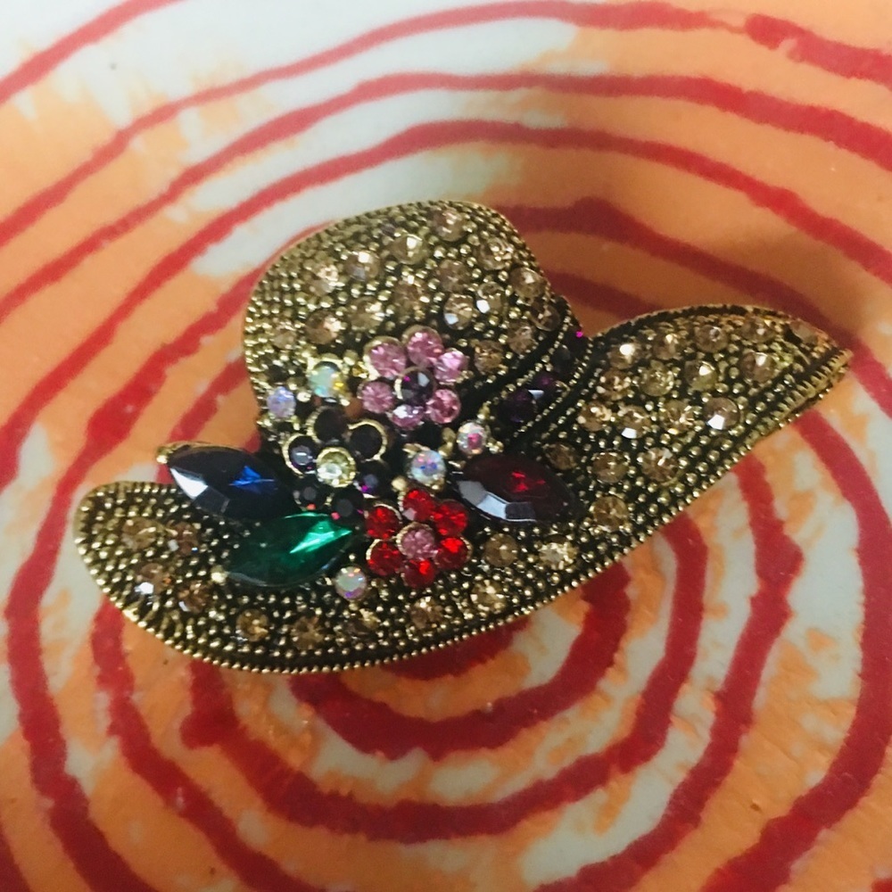 3/$23 Hat With Colorful Rhinestone Flowers Brooch - Picture 2 of 7